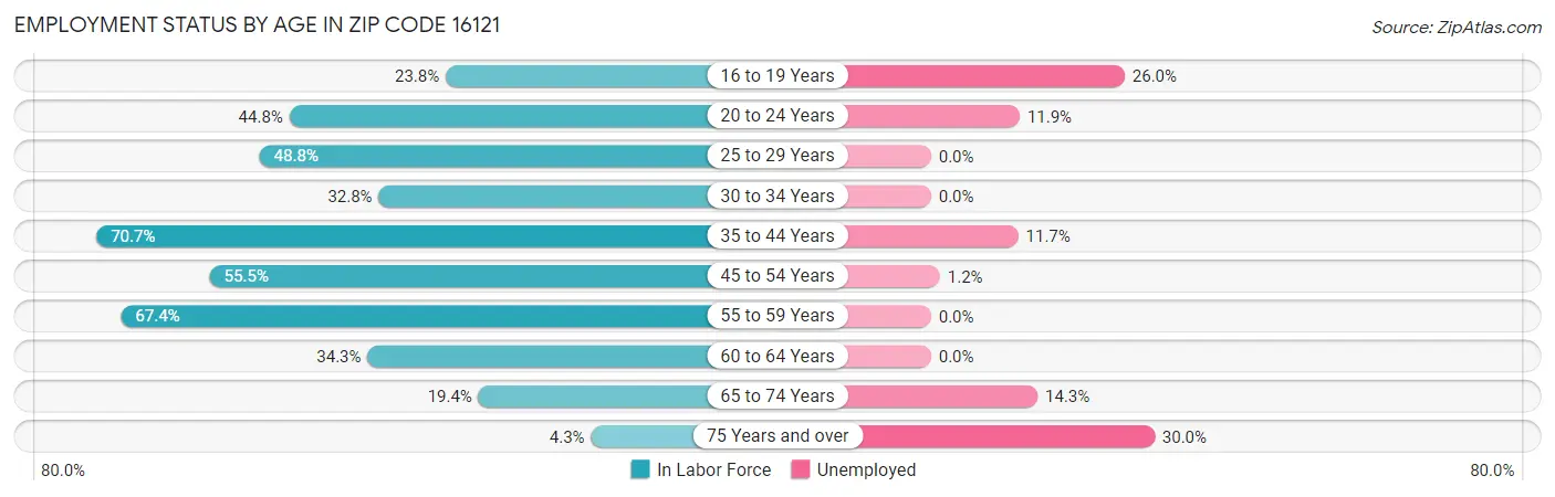 Employment Status by Age in Zip Code 16121