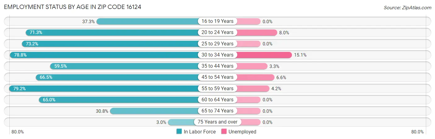 Employment Status by Age in Zip Code 16124