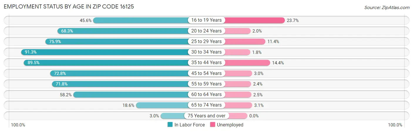 Employment Status by Age in Zip Code 16125