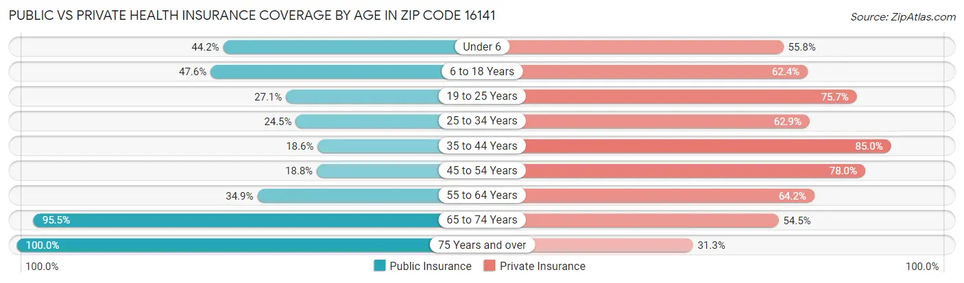Public vs Private Health Insurance Coverage by Age in Zip Code 16141