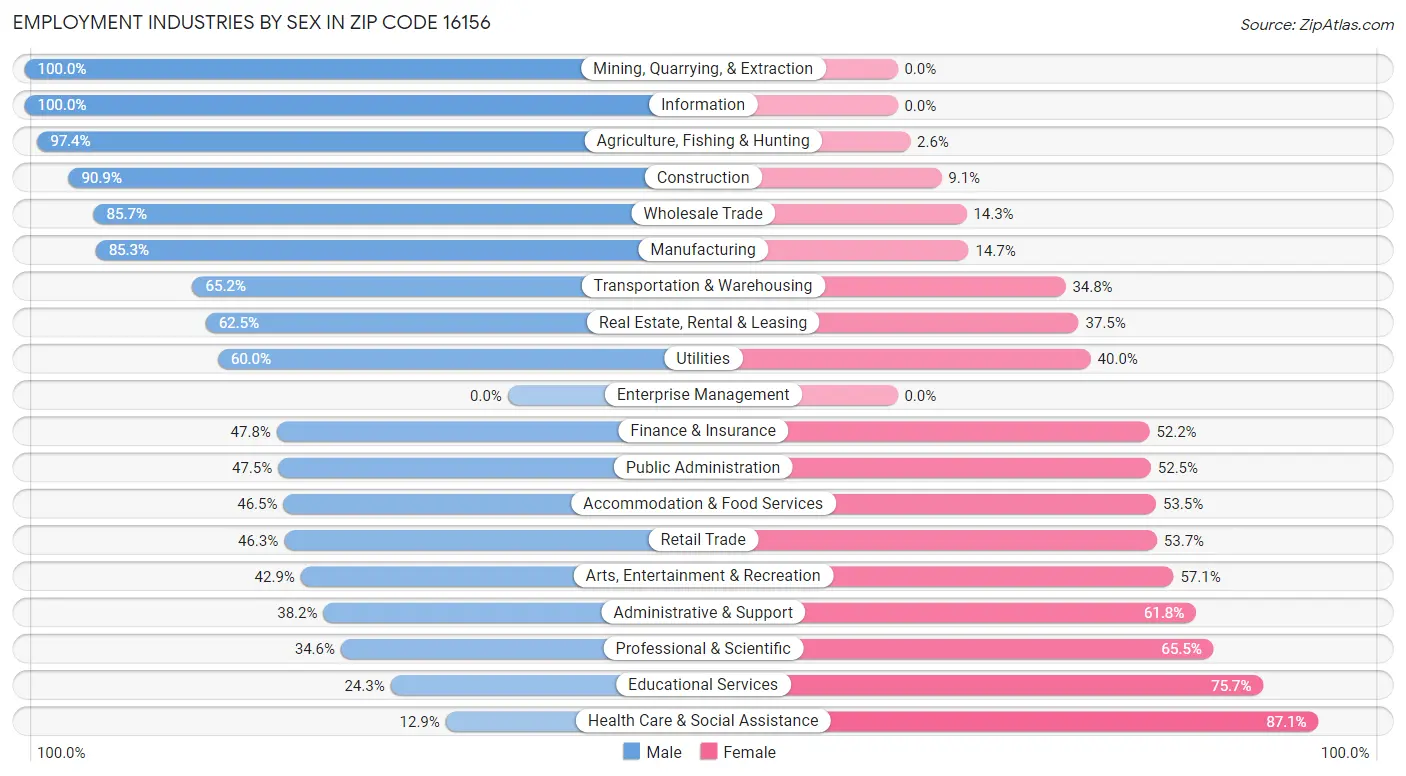 Employment Industries by Sex in Zip Code 16156