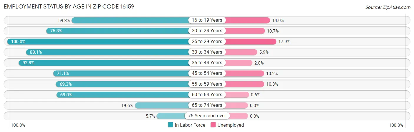 Employment Status by Age in Zip Code 16159