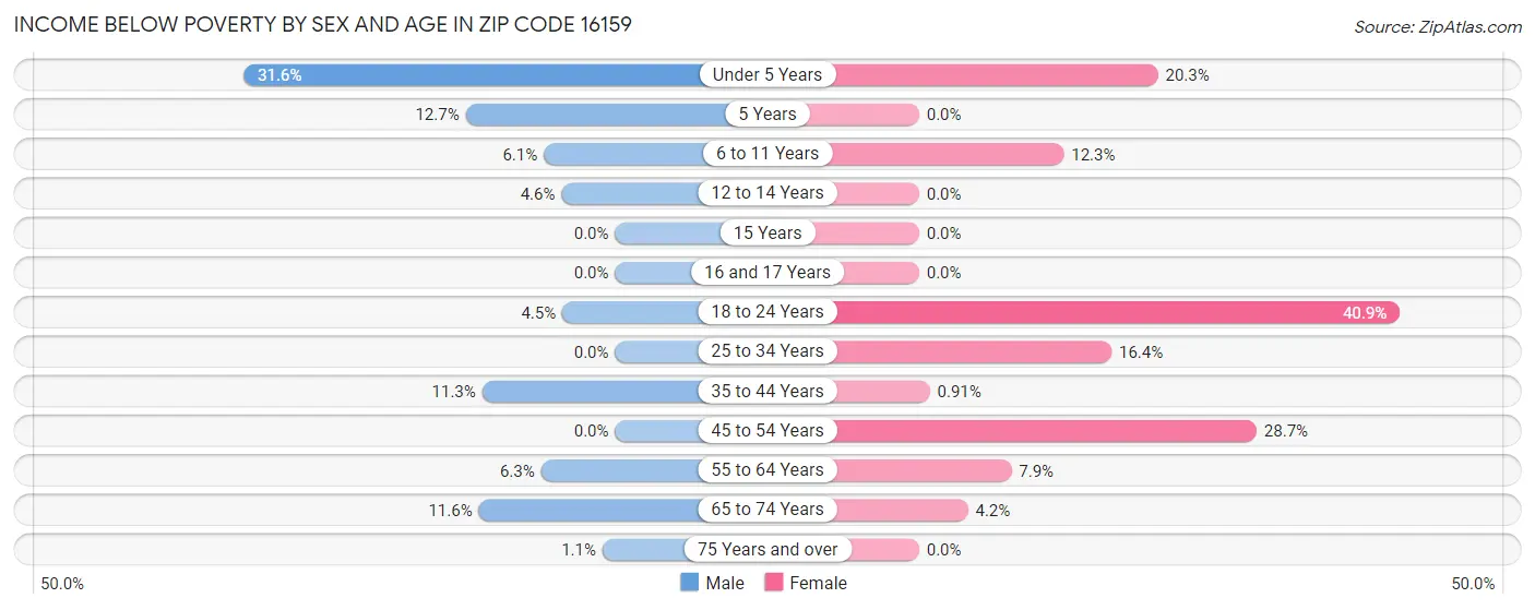 Income Below Poverty by Sex and Age in Zip Code 16159