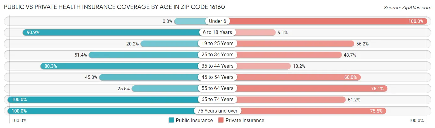Public vs Private Health Insurance Coverage by Age in Zip Code 16160
