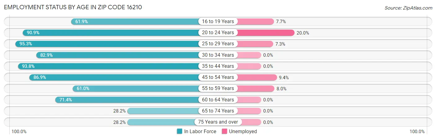 Employment Status by Age in Zip Code 16210