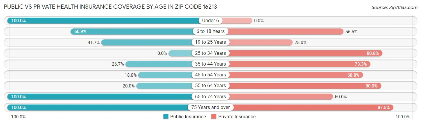 Public vs Private Health Insurance Coverage by Age in Zip Code 16213