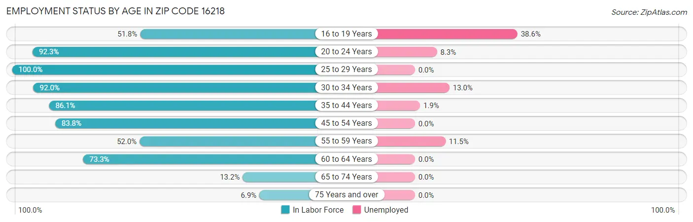 Employment Status by Age in Zip Code 16218