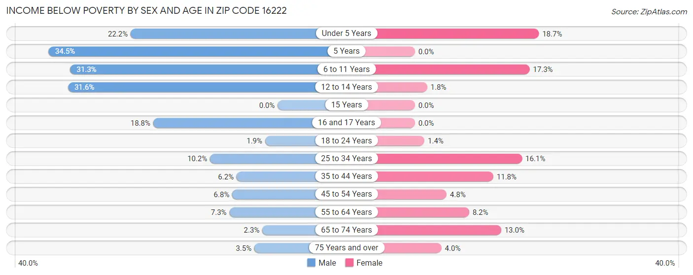 Income Below Poverty by Sex and Age in Zip Code 16222