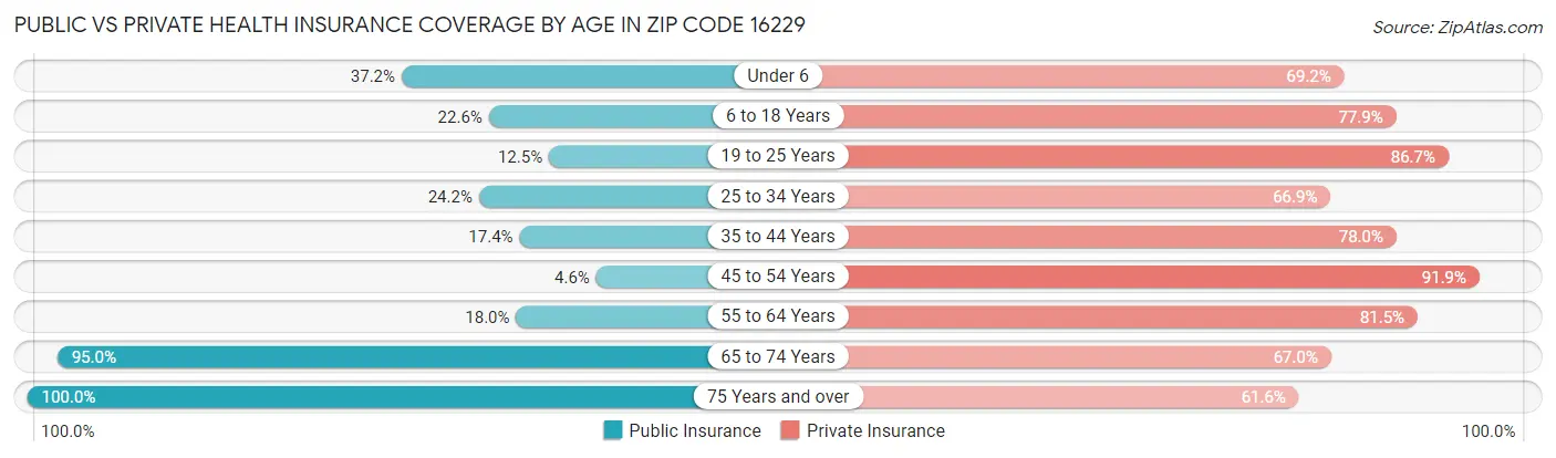Public vs Private Health Insurance Coverage by Age in Zip Code 16229