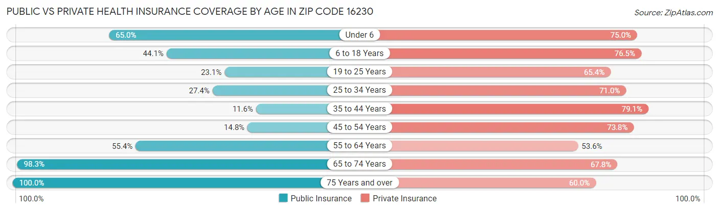 Public vs Private Health Insurance Coverage by Age in Zip Code 16230