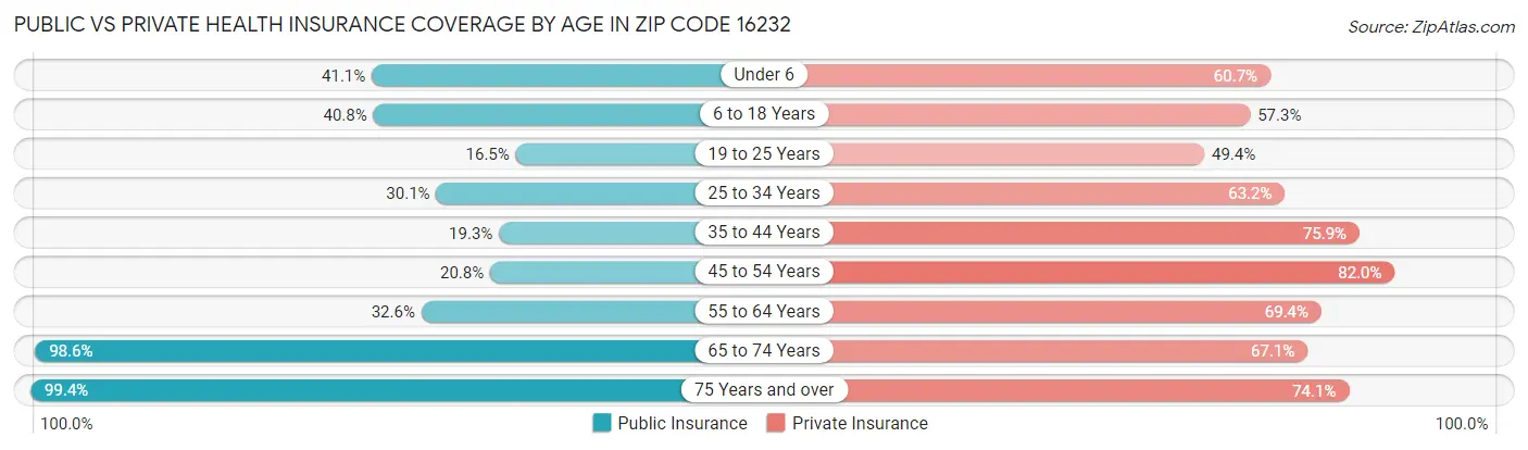 Public vs Private Health Insurance Coverage by Age in Zip Code 16232