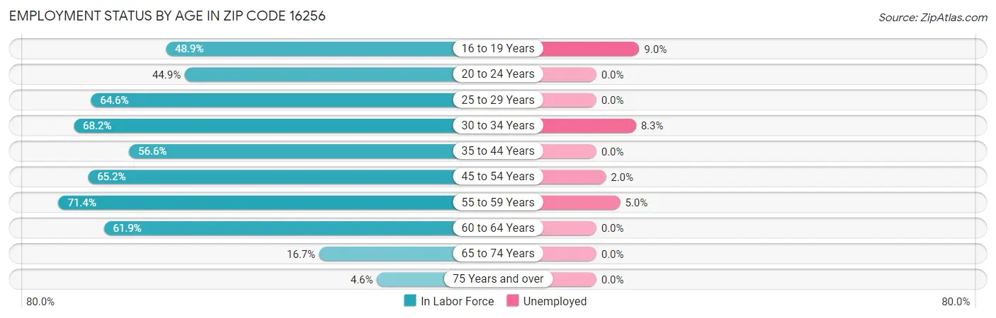 Employment Status by Age in Zip Code 16256