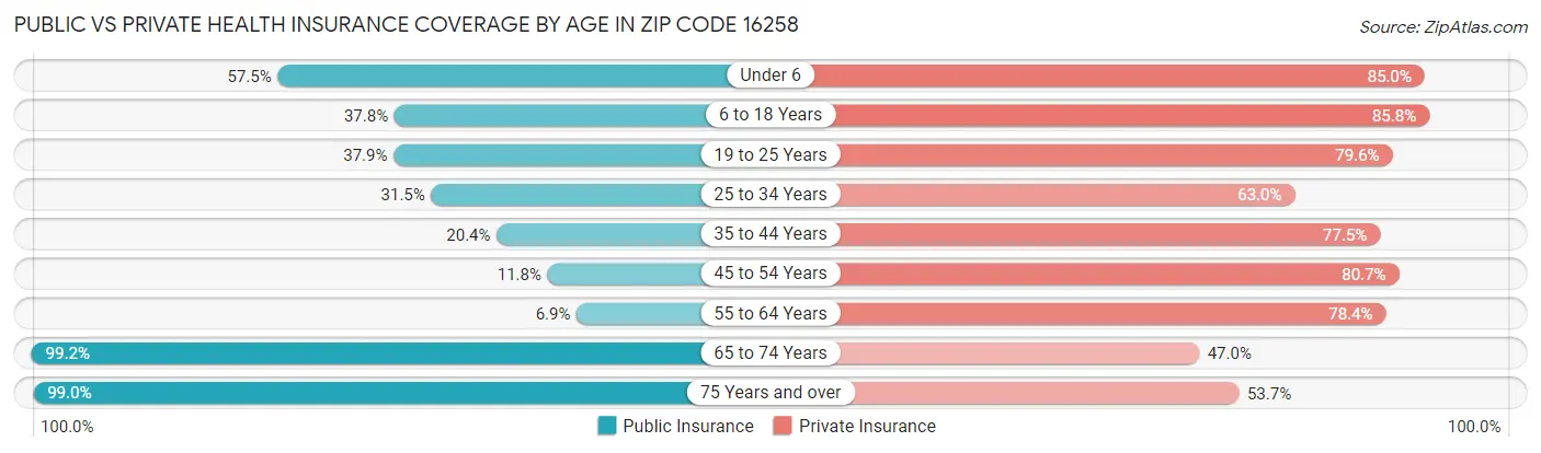 Public vs Private Health Insurance Coverage by Age in Zip Code 16258
