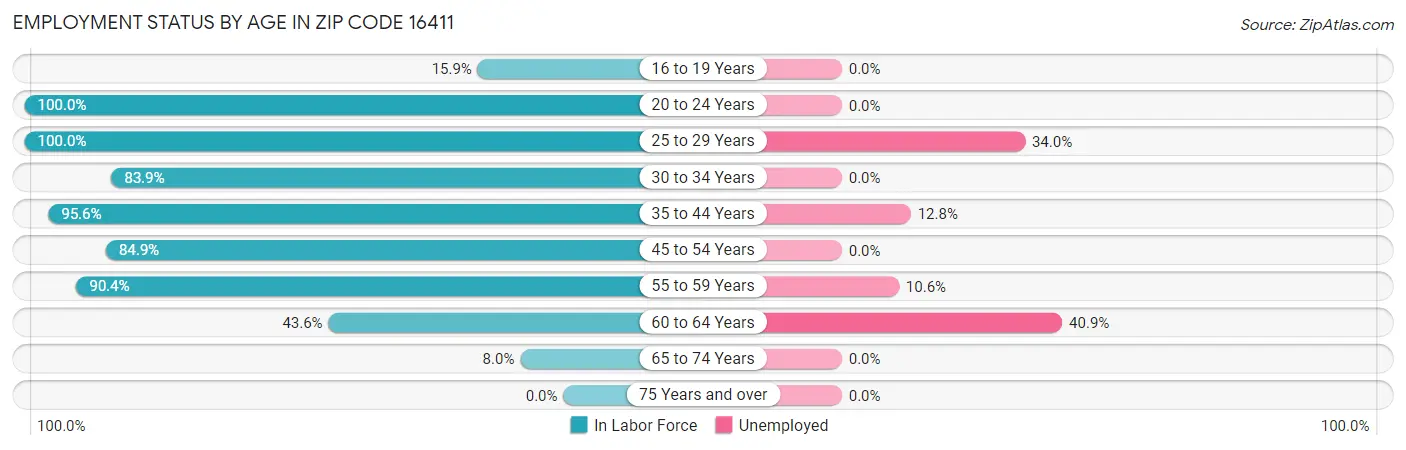 Employment Status by Age in Zip Code 16411