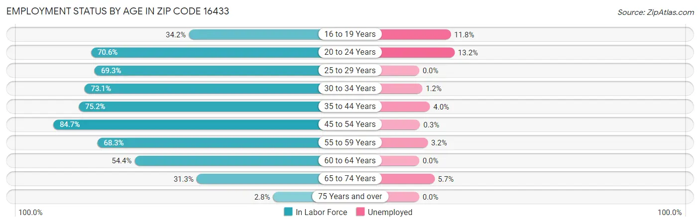 Employment Status by Age in Zip Code 16433