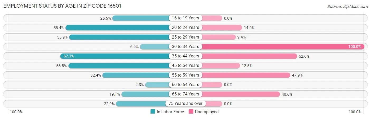 Employment Status by Age in Zip Code 16501