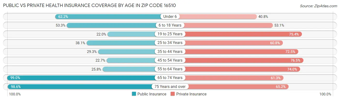 Public vs Private Health Insurance Coverage by Age in Zip Code 16510