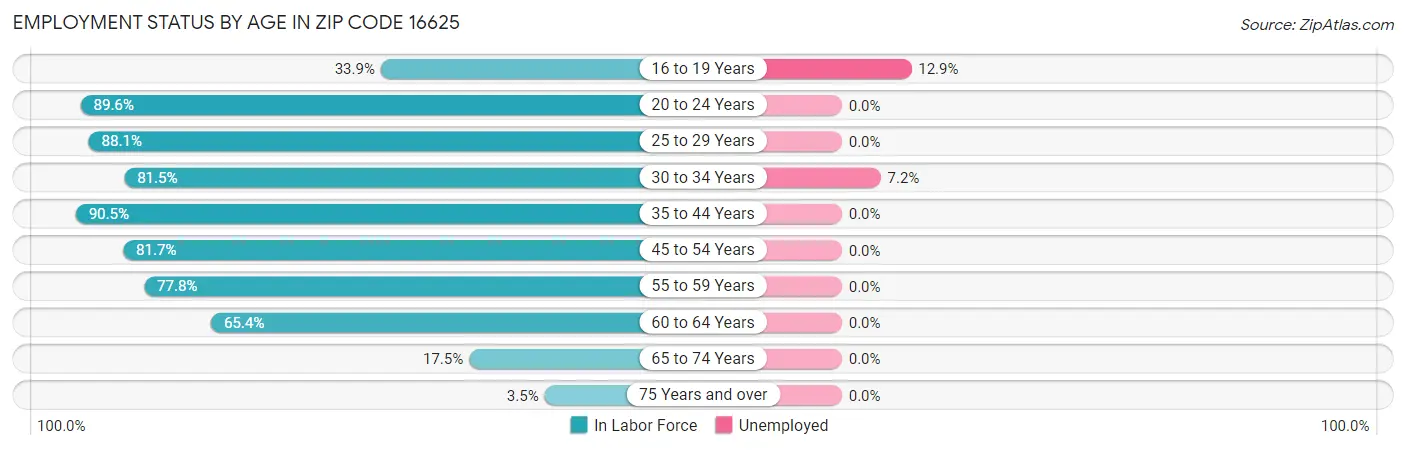 Employment Status by Age in Zip Code 16625