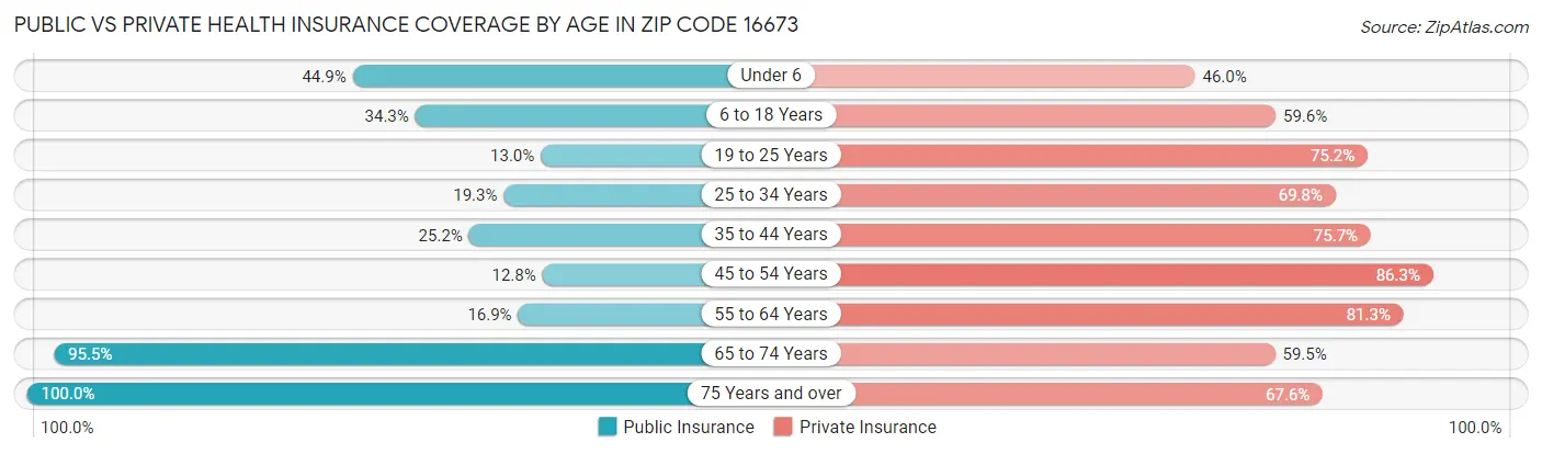 Public vs Private Health Insurance Coverage by Age in Zip Code 16673