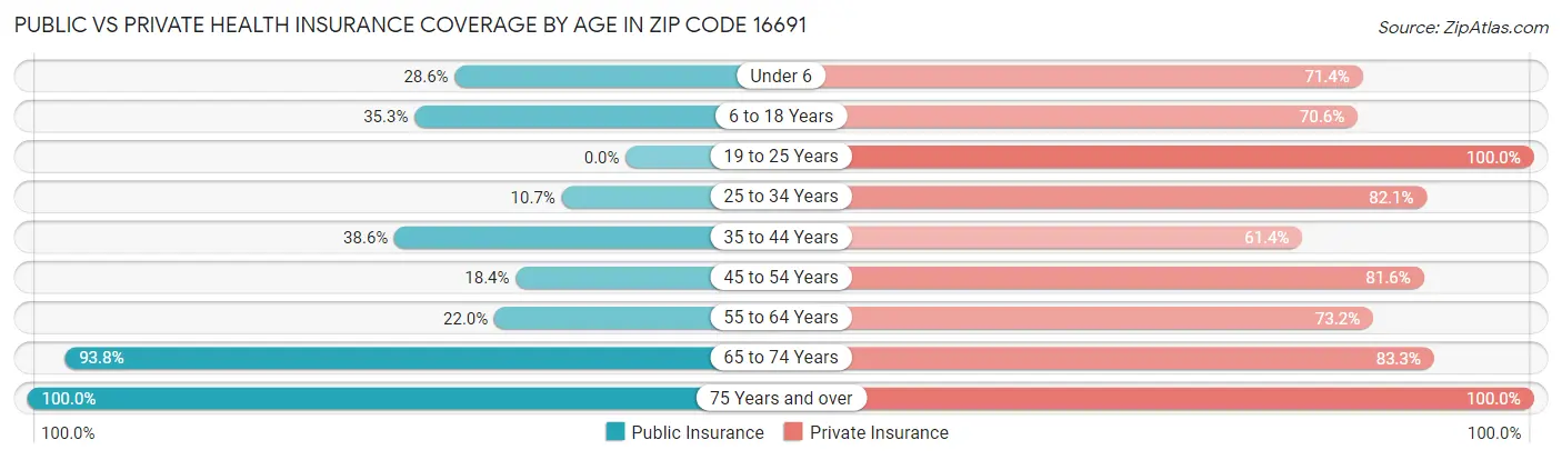 Public vs Private Health Insurance Coverage by Age in Zip Code 16691