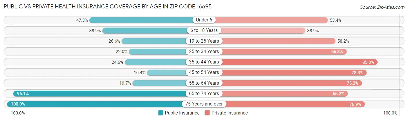 Public vs Private Health Insurance Coverage by Age in Zip Code 16695
