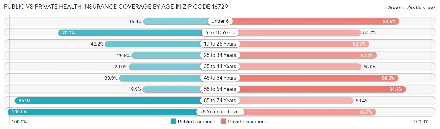 Public vs Private Health Insurance Coverage by Age in Zip Code 16729