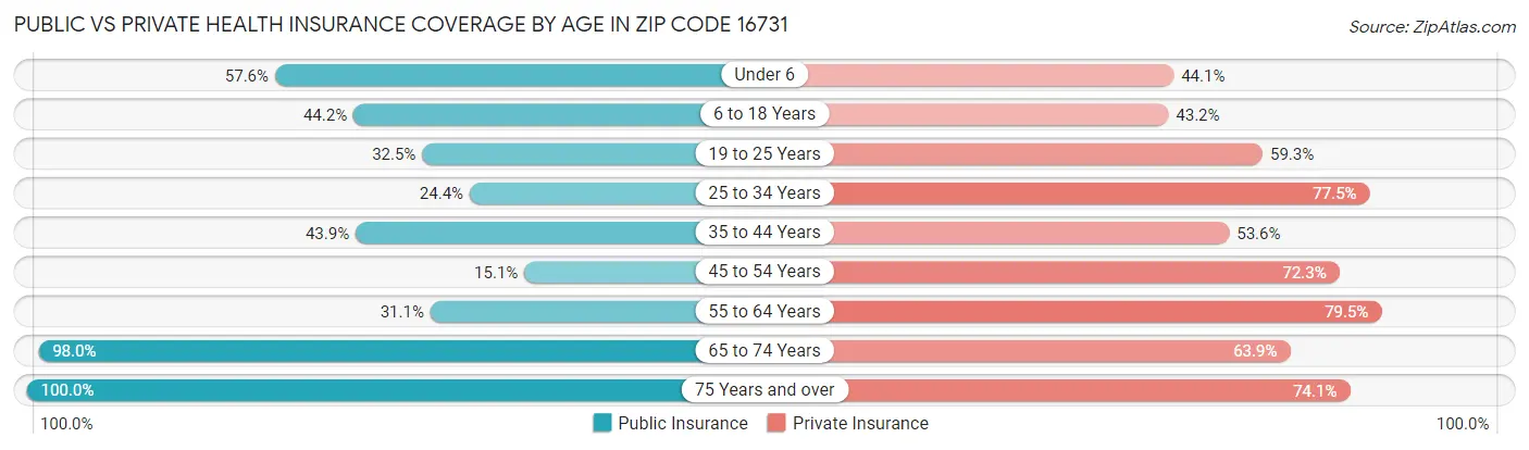 Public vs Private Health Insurance Coverage by Age in Zip Code 16731