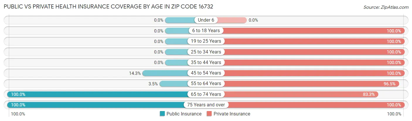 Public vs Private Health Insurance Coverage by Age in Zip Code 16732