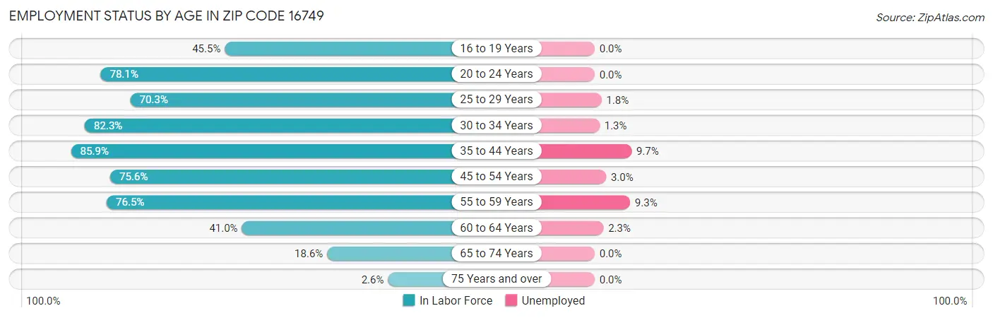Employment Status by Age in Zip Code 16749