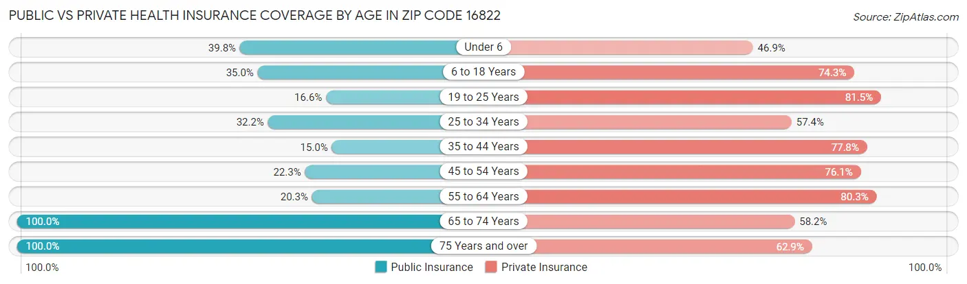 Public vs Private Health Insurance Coverage by Age in Zip Code 16822