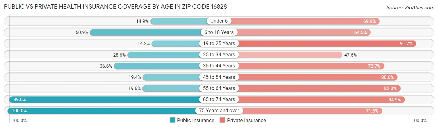 Public vs Private Health Insurance Coverage by Age in Zip Code 16828