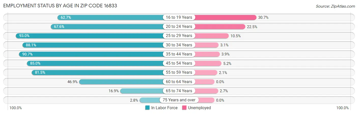 Employment Status by Age in Zip Code 16833
