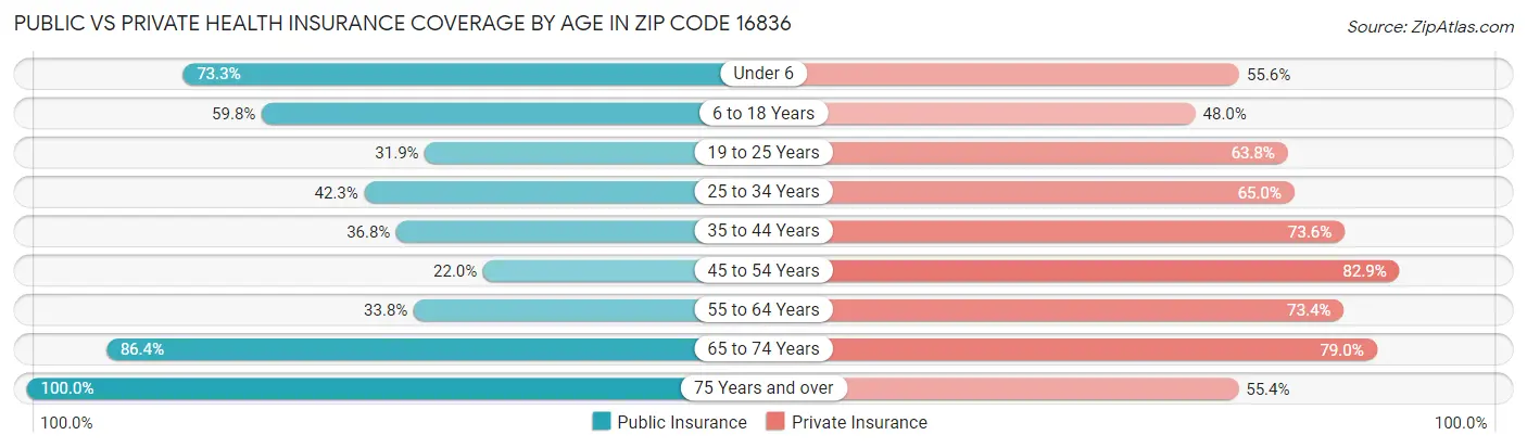 Public vs Private Health Insurance Coverage by Age in Zip Code 16836