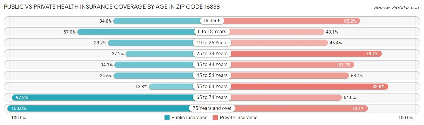 Public vs Private Health Insurance Coverage by Age in Zip Code 16838