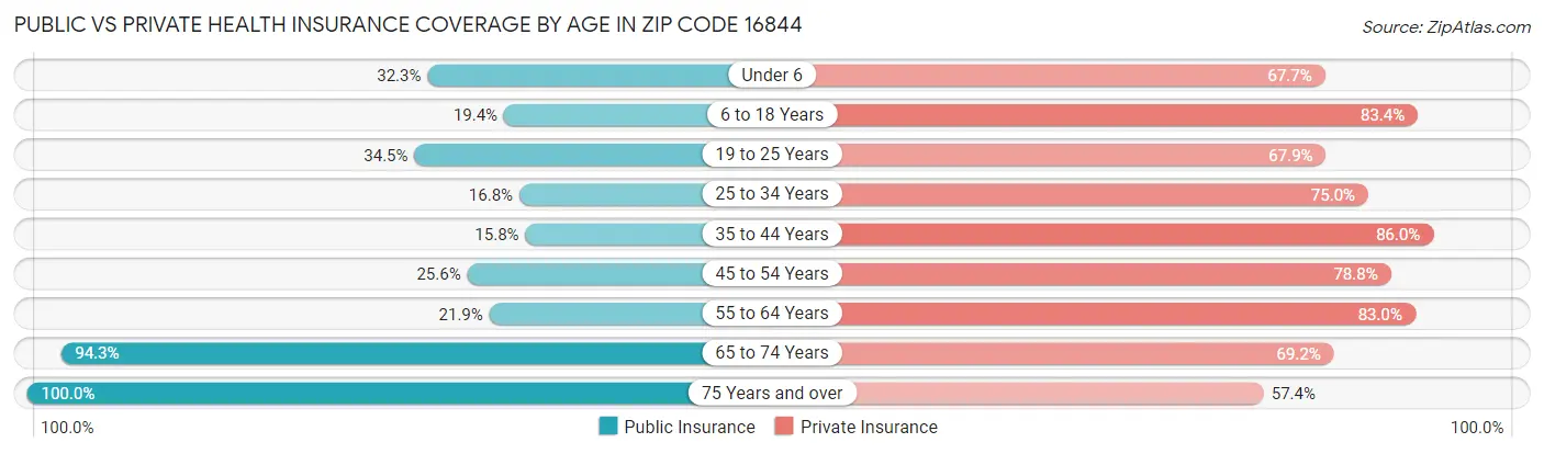 Public vs Private Health Insurance Coverage by Age in Zip Code 16844