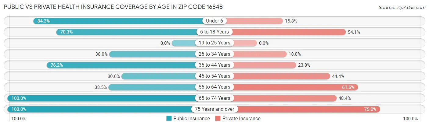 Public vs Private Health Insurance Coverage by Age in Zip Code 16848