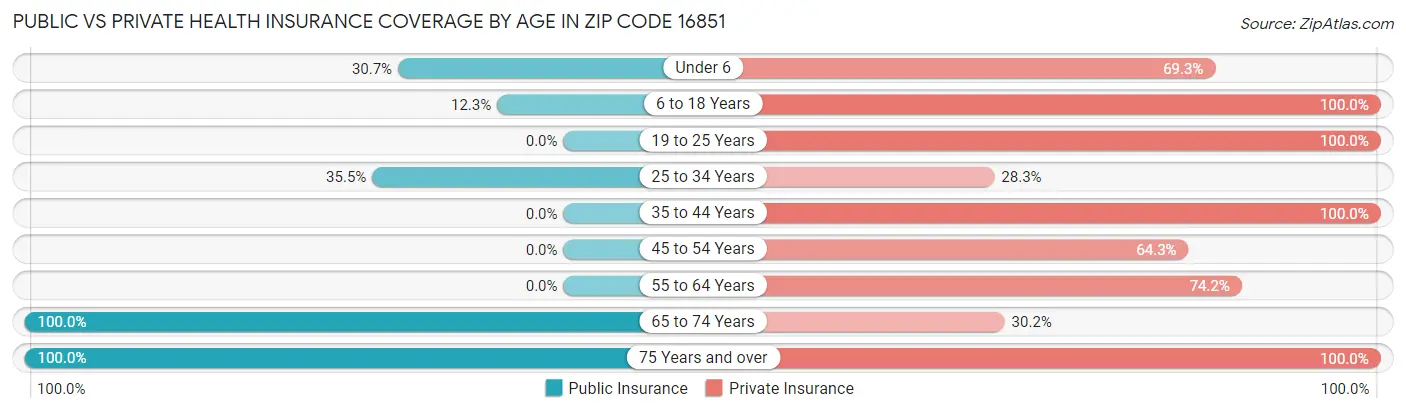 Public vs Private Health Insurance Coverage by Age in Zip Code 16851
