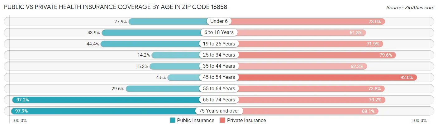 Public vs Private Health Insurance Coverage by Age in Zip Code 16858