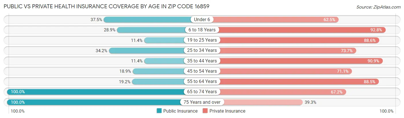 Public vs Private Health Insurance Coverage by Age in Zip Code 16859