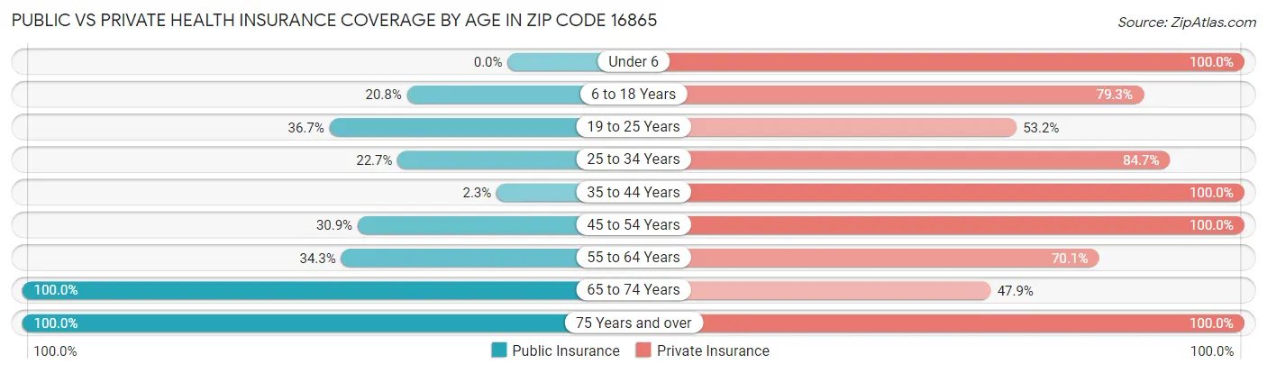 Public vs Private Health Insurance Coverage by Age in Zip Code 16865