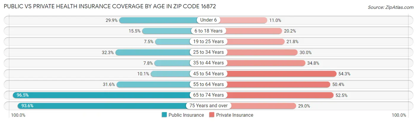 Public vs Private Health Insurance Coverage by Age in Zip Code 16872
