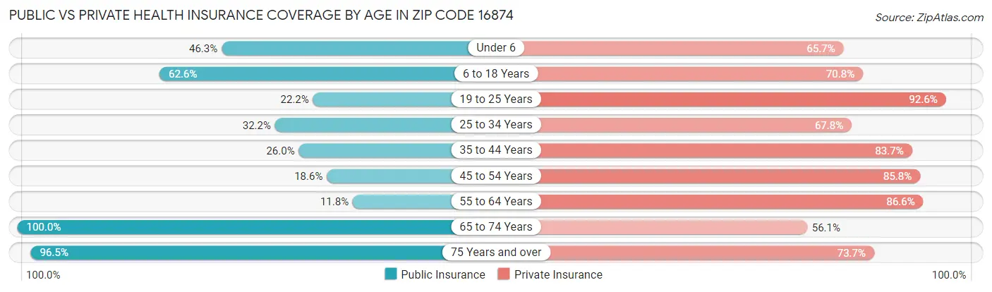 Public vs Private Health Insurance Coverage by Age in Zip Code 16874