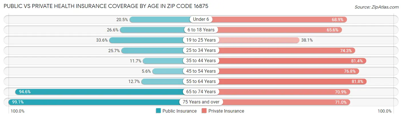 Public vs Private Health Insurance Coverage by Age in Zip Code 16875
