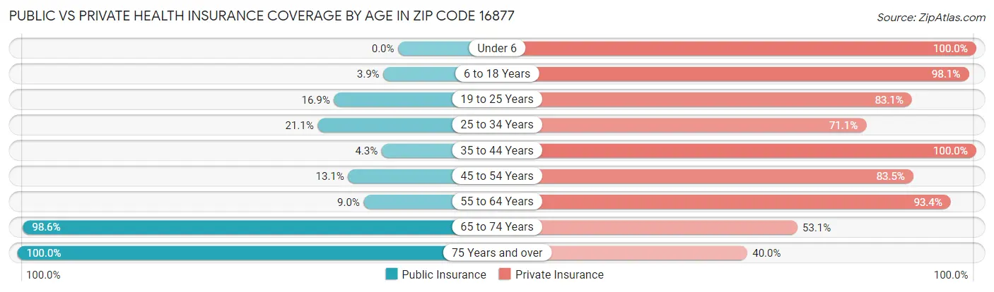Public vs Private Health Insurance Coverage by Age in Zip Code 16877