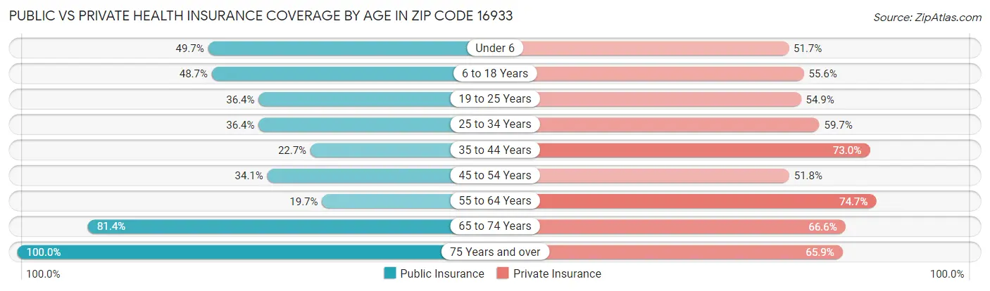 Public vs Private Health Insurance Coverage by Age in Zip Code 16933