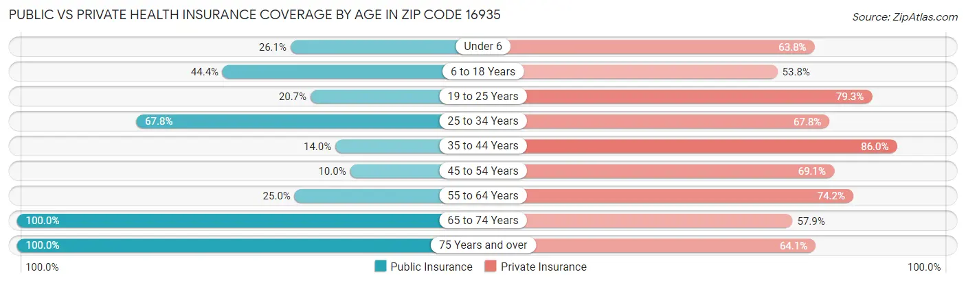 Public vs Private Health Insurance Coverage by Age in Zip Code 16935