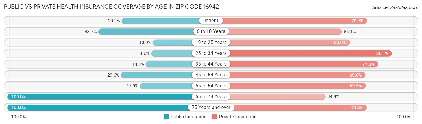 Public vs Private Health Insurance Coverage by Age in Zip Code 16942