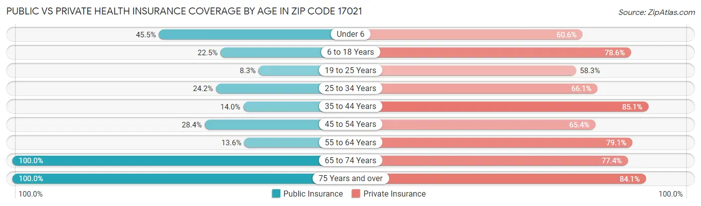 Public vs Private Health Insurance Coverage by Age in Zip Code 17021
