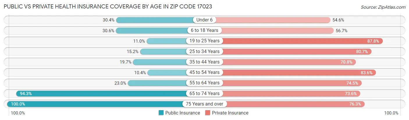 Public vs Private Health Insurance Coverage by Age in Zip Code 17023