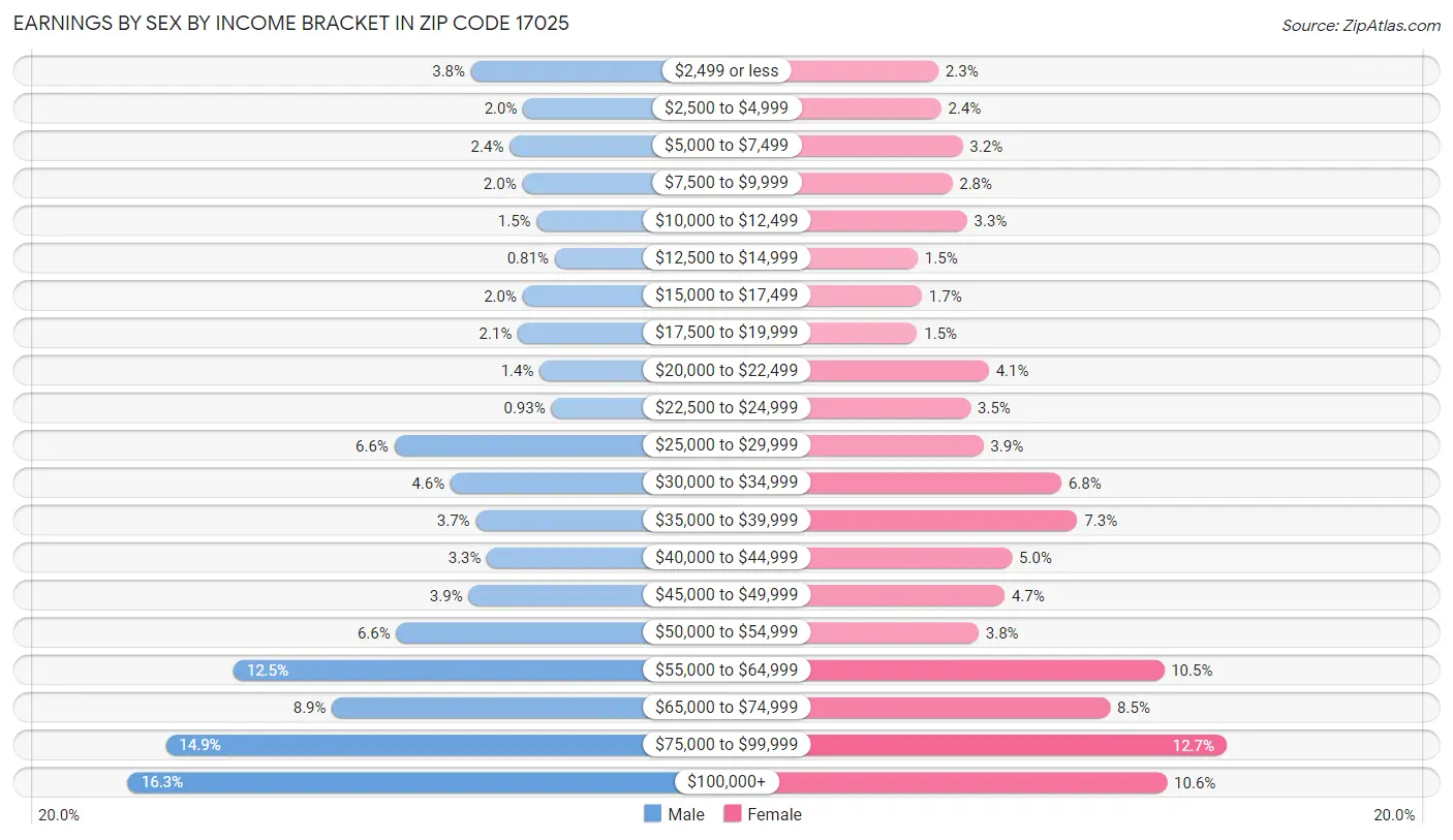 Earnings by Sex by Income Bracket in Zip Code 17025